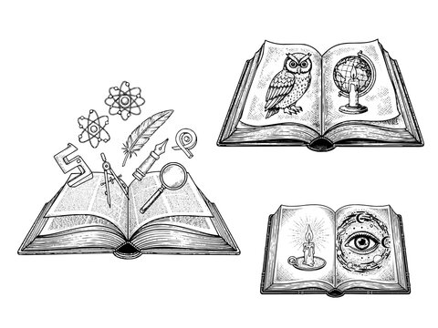 Open book engraving illustration for education and knowledge branding
