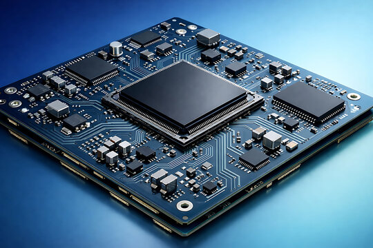 Futuristic Blue Circuit Board with Microchip Processor and Electronic Components