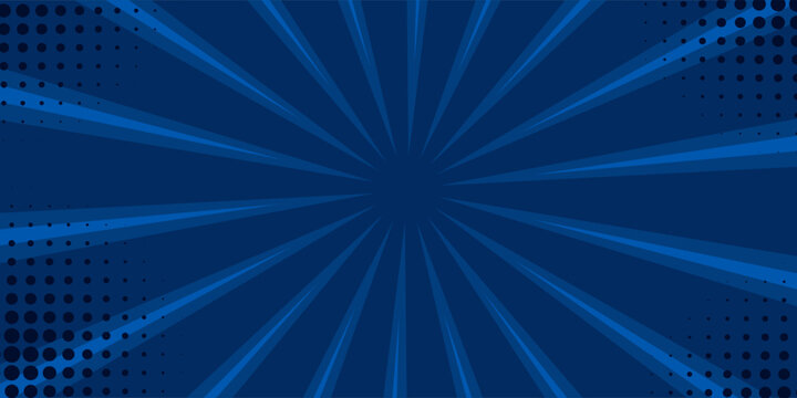 Dark blue comic-style background with radial burst lines and halftone patterns. Bold and energetic design ideal for superhero themes, gaming visuals, and action-packed content.