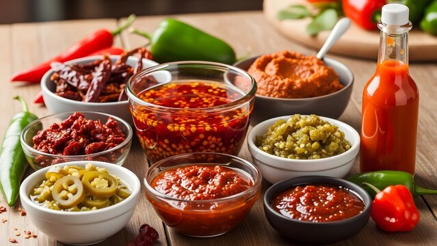 Variety of homemade chili sauces and condiments on a kitchen table