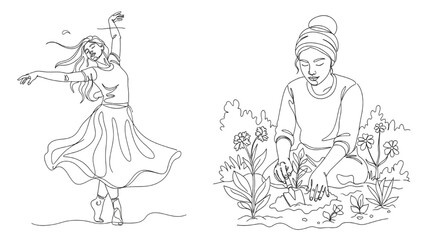 High-Quality Continuous Line Colorful Icons of Tension Release Dancing, Mindful Gardening for Relaxation