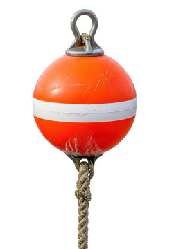 Round orange floating buoy with white stripe and rope attachment on a transparent background