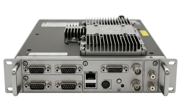 Industrial embedded computer system with heatsink and metal chassis on a transparent background
