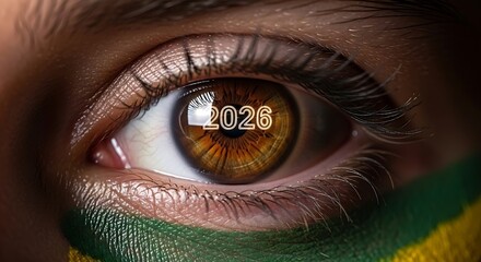 Human brown eye, '2026' reflected. Green, yellow paint on lower lid symbolizes national pride, future event anticipation.