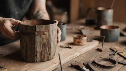 Hands hold rustic wooden cylinder; craft tools and metal objects on workbench