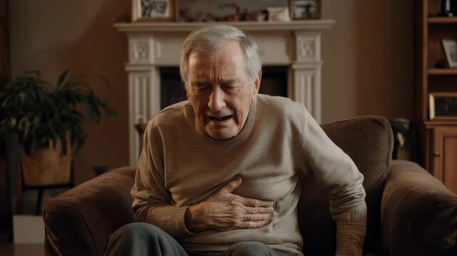 Senior man experiencing sudden chest pain while relaxing at home in armchair