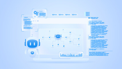 AI workflow automation artificial intelligence. ai agent network diagram dashboard machine learning showing coding flow process, analytics panel and processing system.
