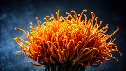 Vibrant cordyceps militaris mushroom blooms on a dark grey background, showcasing its unique flowerlike structure