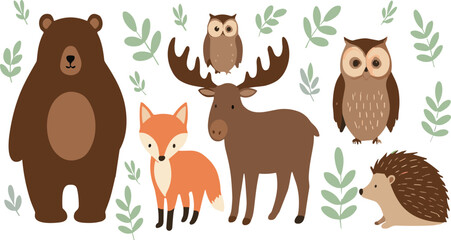 Cute Woodland Animal Set Vector Illustration with Bear, Fox, Deer, Owl, Hedgehog, and Forest Nature Elements