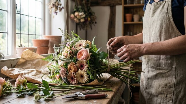A close-up of a female florist's hands in a beige linen apron, creating a rustic-style bouquet of wildflowers. 