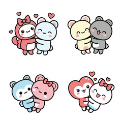 Obraz premium Adorable cartoon bear couples embracing with hearts expressing love and affection.