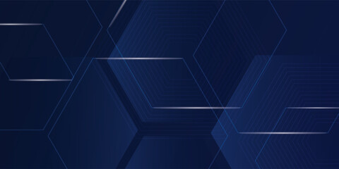 Dark blue dynamic gradient abstract 3D background with shadow and light. Hexagonal pattern overlay shapes. design modern.