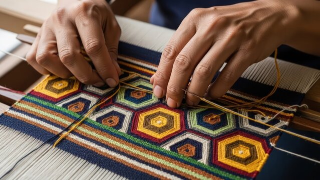 Close-up of hands weaving colorful geometric patterns on a loom with yarn.