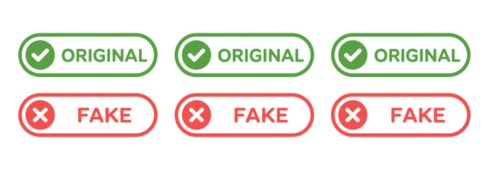 Real and fake rubber stamp icon, original and fake vector signs for verification