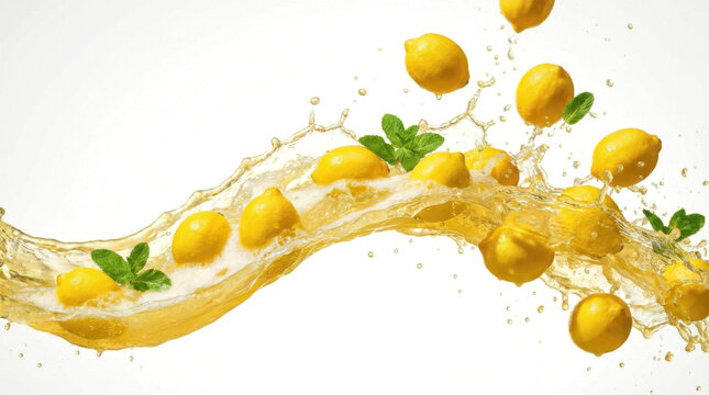 Ripe yellow lemons with fresh mint leaves splashing into refreshing citrus juice creating dynamic motion fruit liquid vibrant healthy natural refreshment drink ingredient transparent background