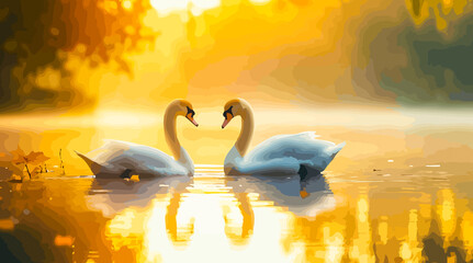 Two graceful white mute swans swim on the calm water of a beautiful blue lake, their feathers reflecting the golden sunset amidst the tranquil beauty of wild nature © sadashiv