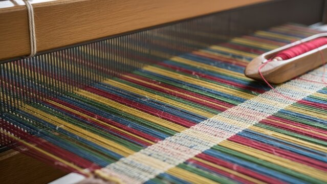 Close-up of a colorful loom with a wooden frame and a shuttle on a striped fabric
