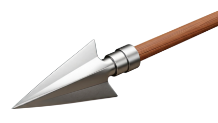 Close-up of a metal arrowhead and wooden shaft