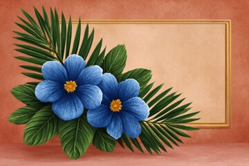 Detailed blue tropical flowers with lush green leaves arranged beside an elegant frame on a warm textured background, ideal for invitations, greeting cards, and branding.
