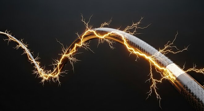 Captivating carbon fiber wire crackling with vibrant electrical energy display minimal background