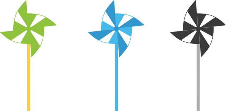 Colorful pinwheel toys set showing green blue and black wind spinners for kids outdoor play decoration summer garden.