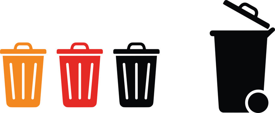 Colorful trash bin icons set showing waste disposal containers with open lid garbage management illustration design collection.