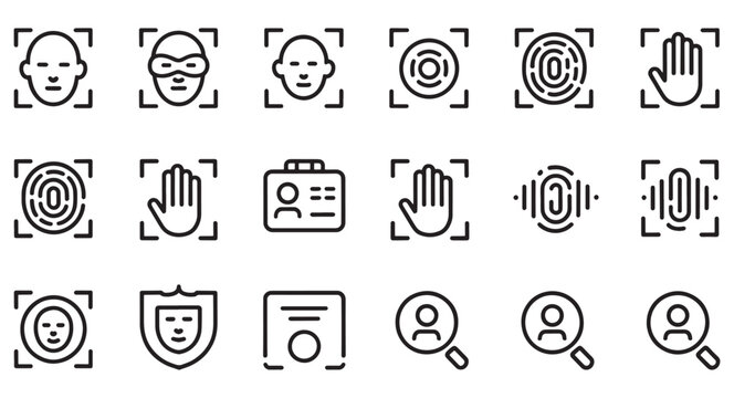 Set of biometric security icons face recognition and fingerprint scan symbols for identification vec