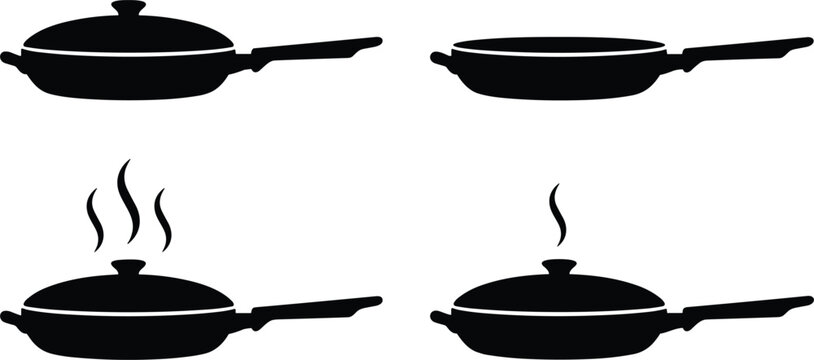 Cooking frying pan icons set showing covered and uncovered skillet with steam silhouettes kitchen cookware illustration design collection.