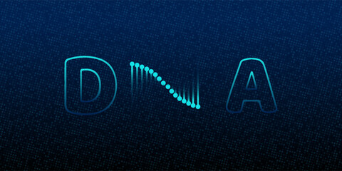 DNA Typography Design on Blue Pixelated Background. Modern Vector Illustration for Bioinformatics, Genetic Research, and Digital Healthcare. Futuristic Biotechnology Science Concept for Banner.