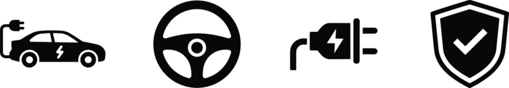 Electric car service icons showing charging steering wheel power plug and security shield symbols automotive technology illustration set.