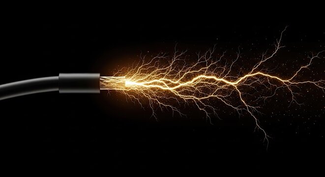 Dramatic electrical discharge emanating from a severed cable against a black background creates
