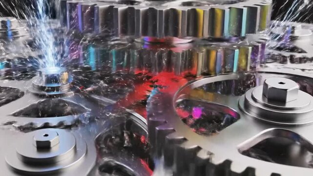 A vibrant close-up of interconnected metallic gears with a central red gear emitting sparks, surrounded by rainbow-colored reflections and abstract patterns