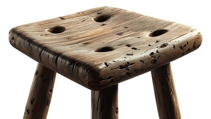 Rustic, three-legged wooden stool. The square seat has three evenly spaced holes, and the legs are cylindrical, showing wood grain & character