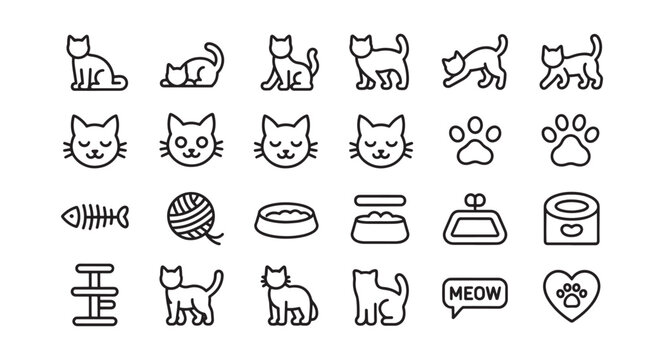 Collection of cat icons minimalist line art for pet care apps and websites isolated on white