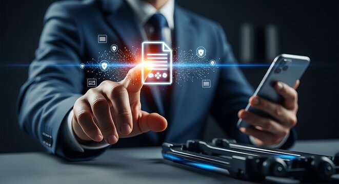 Businessman Touching Digital Document Icon with Smartphone, Business Technology Concept - Powered by Adobe