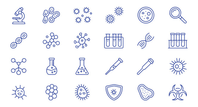 Microbiology icons set scientific research symbols for biology and medicine flat vector illustration