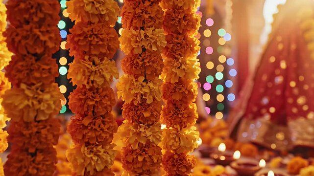 Vibrant Orange Marigold Garlands Hanging in a Row Hanuman Jayanti Festival