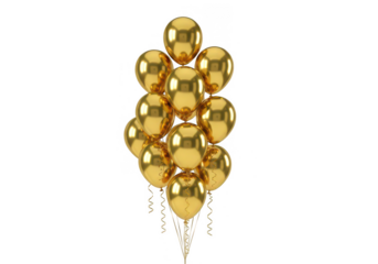 Bundle of golden balloons isolated on transparent background