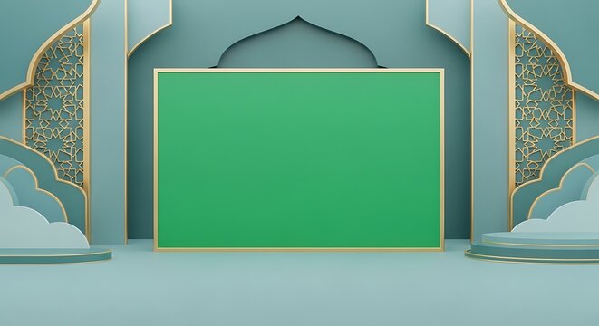 A virtual studio set with a green screen background, featuring Islamic geometric patterns, arched entrances, and light blue and teal tones for a serene ambiance.