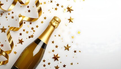 Golden Champagne Bottle with Star Confetti and Ribbons Celebration.