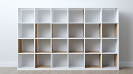 Modern white shelving unit with open compartments.