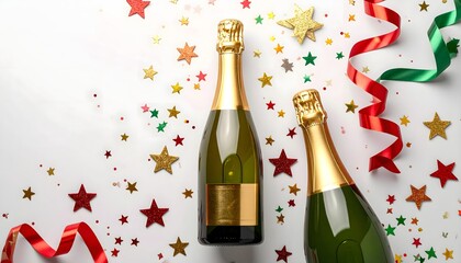 Two bottles of champagne with confetti and streamers celebration.