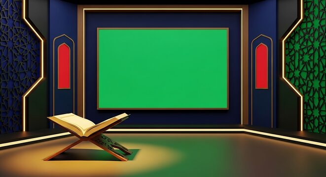 Islamic Virtual Studio with Green Screen, Holy Book and Geometric Patterns