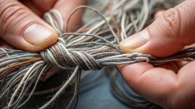 Close-up of hands tying a knot in a bundle of gray and brown wires.