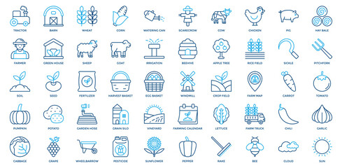 Agriculture Icon Set. Containing Tractor, Barn, Wheat, Corn, Watering Can, Scarecrow, Cow, Chicken, Pig, Hay Bale, Farmer Icon. Outline Color Style © San D