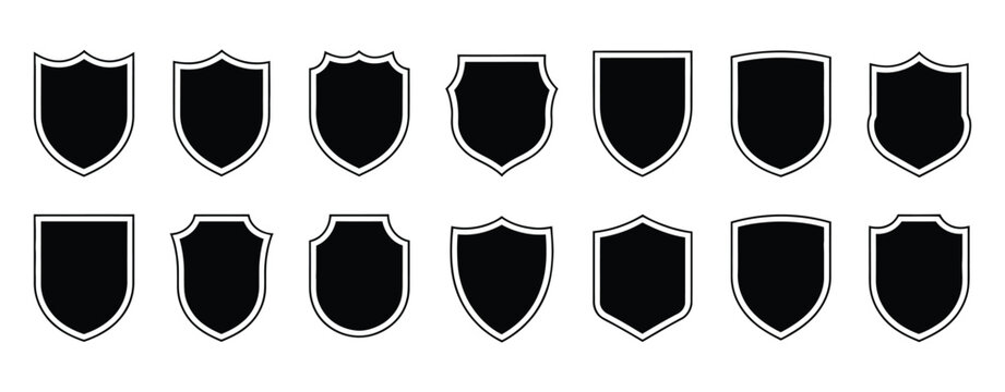Shield vector line black design, protect security shield badge with knight award contours, heraldic linear signs for branding, illustration.
