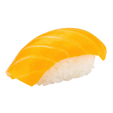 Mini tamagoyaki nigiri, a sweet sushi option, beautifully isolated on a clean white background for food blogs