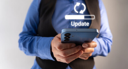 A businesswoman holding a phone with the "Update" icon on top and a moving progress bar, indicating that she is preparing to send an update.