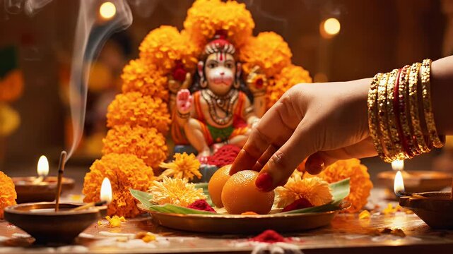 Hanuman Ritual Offering Ladoo Sweet to Hindu Altar Warm Golden Light