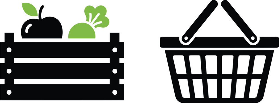 Grocery produce crate and shopping basket icons showing fresh food market retail purchase concept illustration design set symbols.